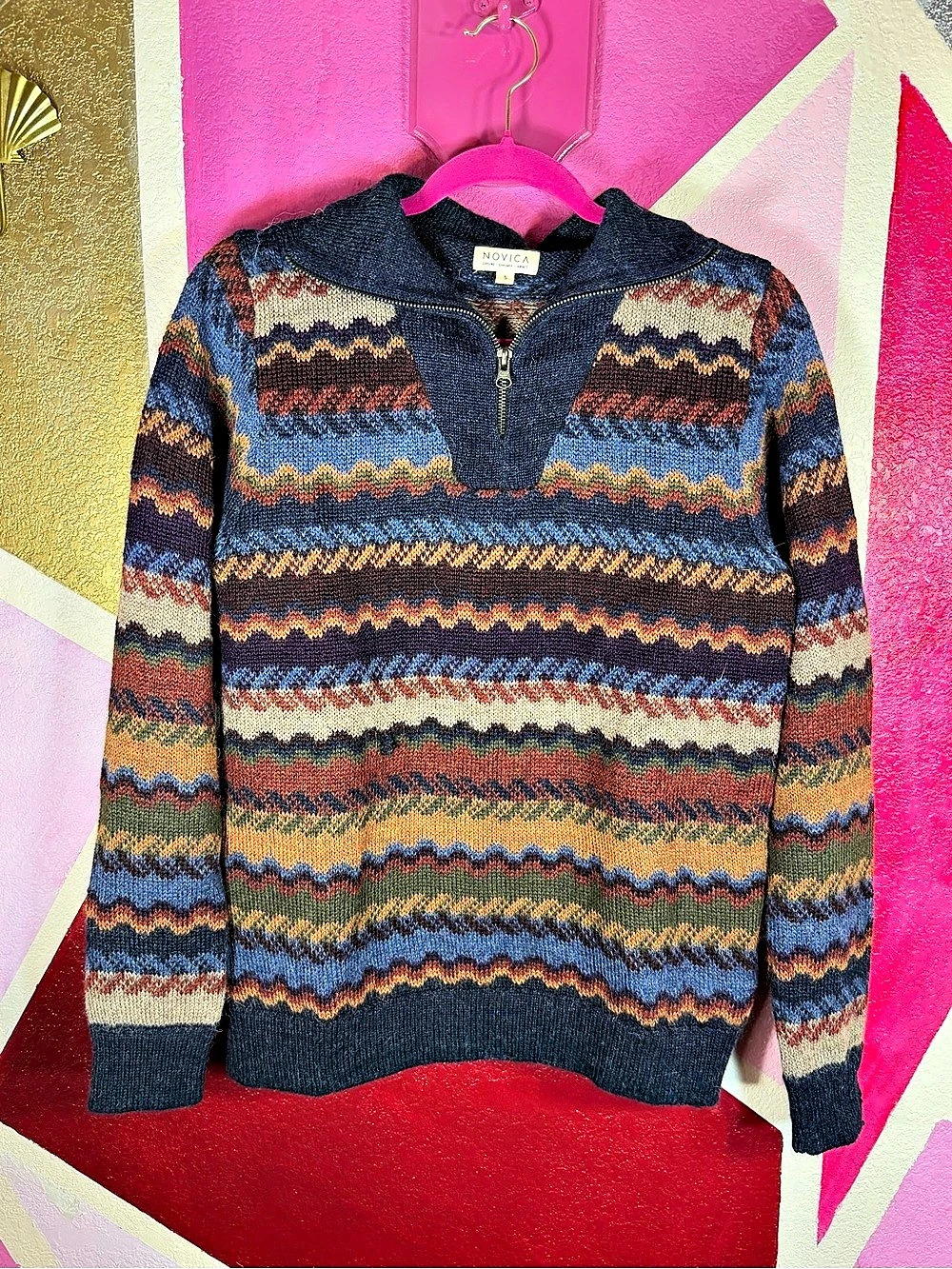 Novica Small Quarter Zip Sweater Handknit Look Chevron Stripe Navy Rust Earthy